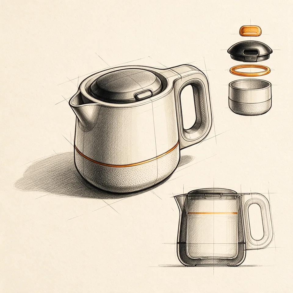 Seedream 5.0 AI sketch of a futuristic electric kettle generated in the HueFold editor