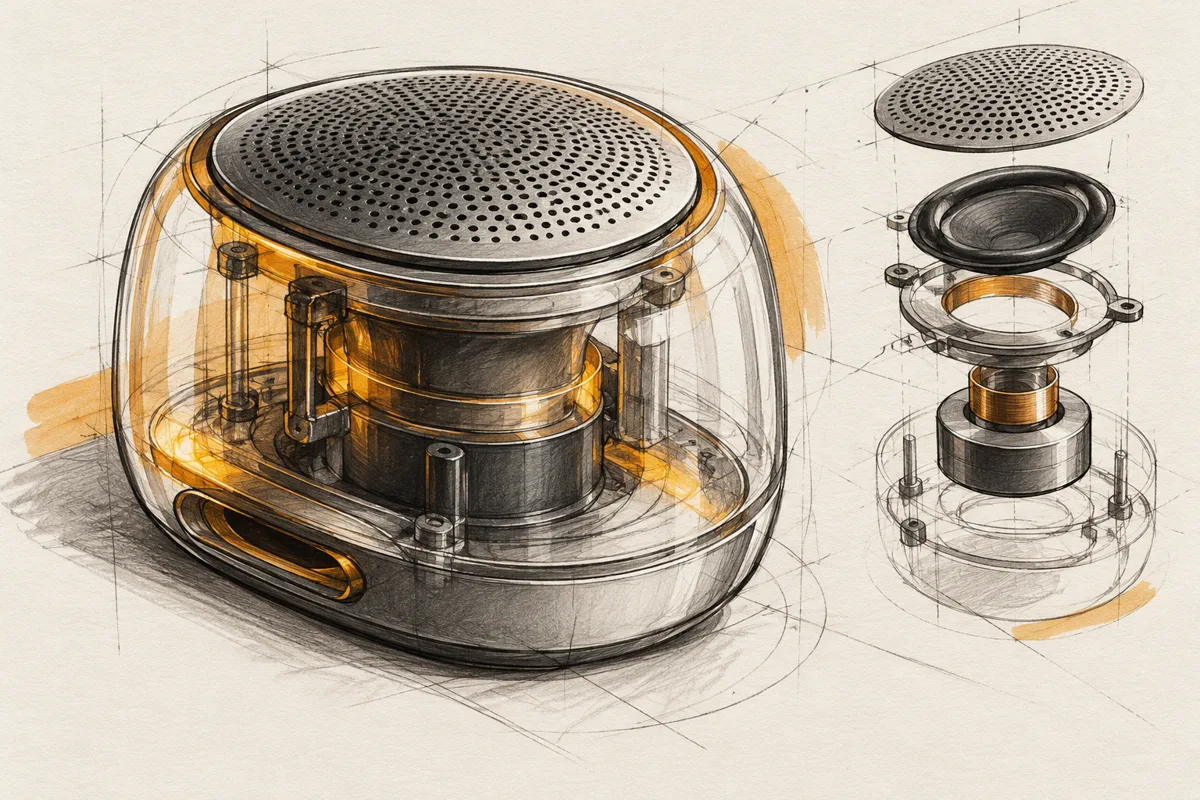 Illustrative concept sketch of a transparent portable speaker with graphite construction lines and amber accents