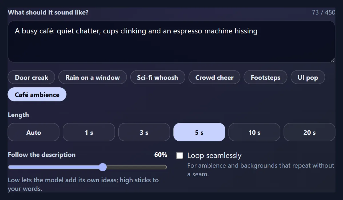 The description box with a busy café ambience, the idea buttons, length buttons from Auto to 20 seconds with 5 seconds chosen, the Follow the description slider at 60%, and the Loop seamlessly box