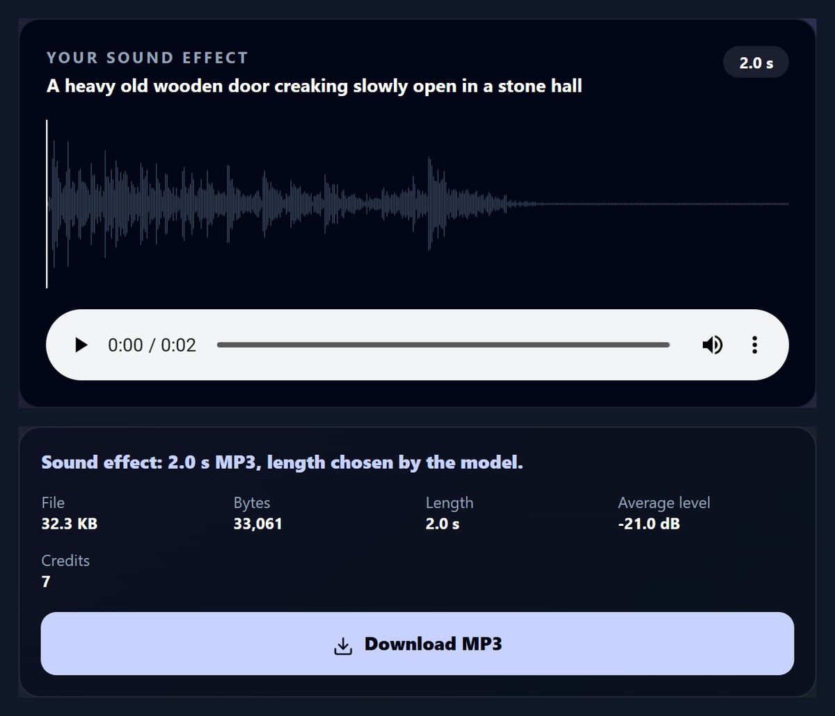 The AI sound effect generator with a door creak waveform and its details