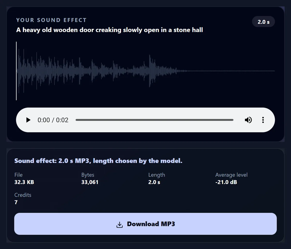 The AI sound effect generator showing the description of a creaking door, its waveform, an audio player, and the MP3 details: 2.0 seconds, 7 credits