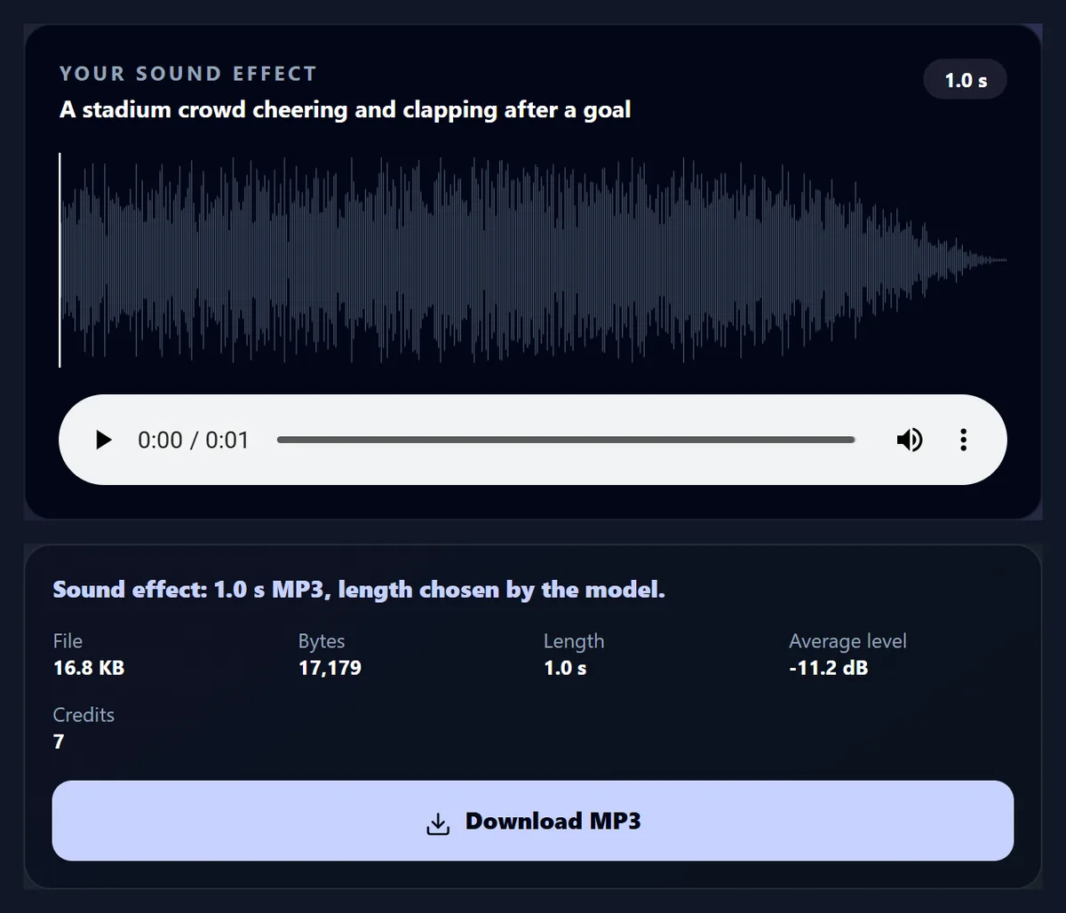 The tool after five sounds, showing the latest, a one-second crowd cheer, with its waveform and details