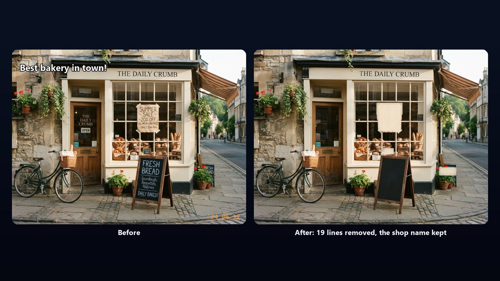 A bakery shop front with a caption, a sale poster, door lettering, two chalkboards and a date stamp, next to the same photo after the AI text remover: the text gone, the signboard, blank poster and chalkboards still there, and only the shop name kept