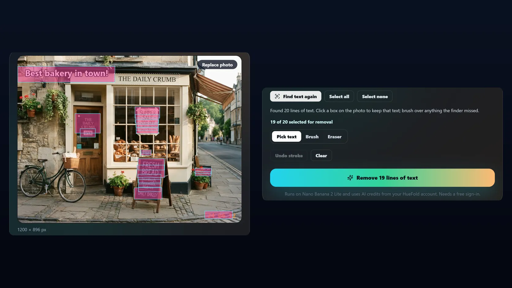 The text remover tool with the sample photo: pink boxes over the text to remove, the shop sign's box dashed because it is kept, and the controls: Find text again, Select all, Select none, 19 of 20 selected for removal, Pick text, Brush, Eraser and the Remove 19 lines of text button