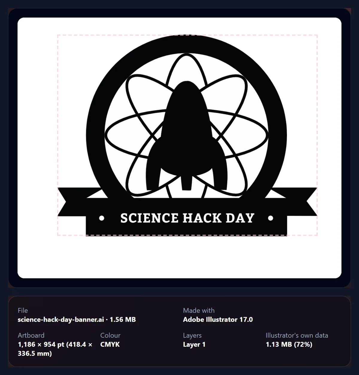 The AI to PDF tool with the Science Hack Day banner .ai open: the logo and ribbon on a white artboard with a dashed box round the artwork, and below it the file name, Adobe Illustrator 17.0, the artboard size, CMYK colour, one layer, and Illustrator's own data, 1.13 MB or 72% of the file