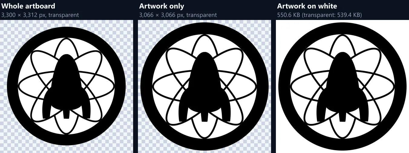 Three PNGs of the logo at 300 dpi: the whole artboard, 3,300 × 3,312 pixels on a checkerboard; the artwork only, 3,066 × 3,066 pixels; and the artwork on white, 550.6 KB against 539.4 KB transparent