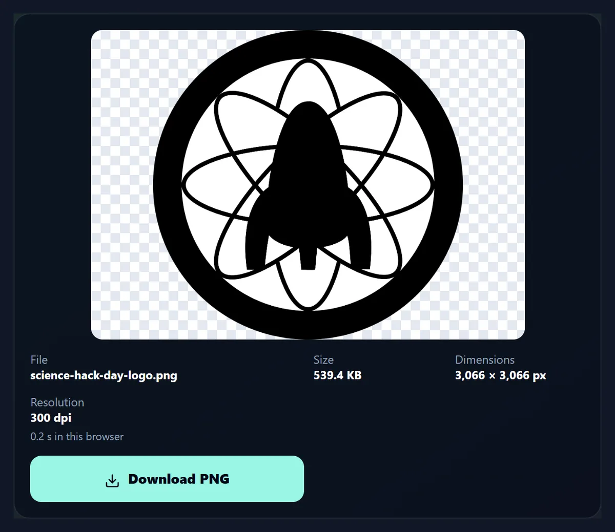 The result panel after converting the logo's artwork at 300 dpi: the PNG on a checkerboard, science-hack-day-logo.png, 539.4 KB, 3,066 × 3,066 pixels, 300 dpi, and a Download PNG button