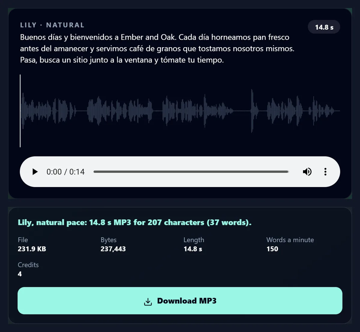 The tool after several takes, showing the latest voiceover in Spanish by Lily with its waveform and details