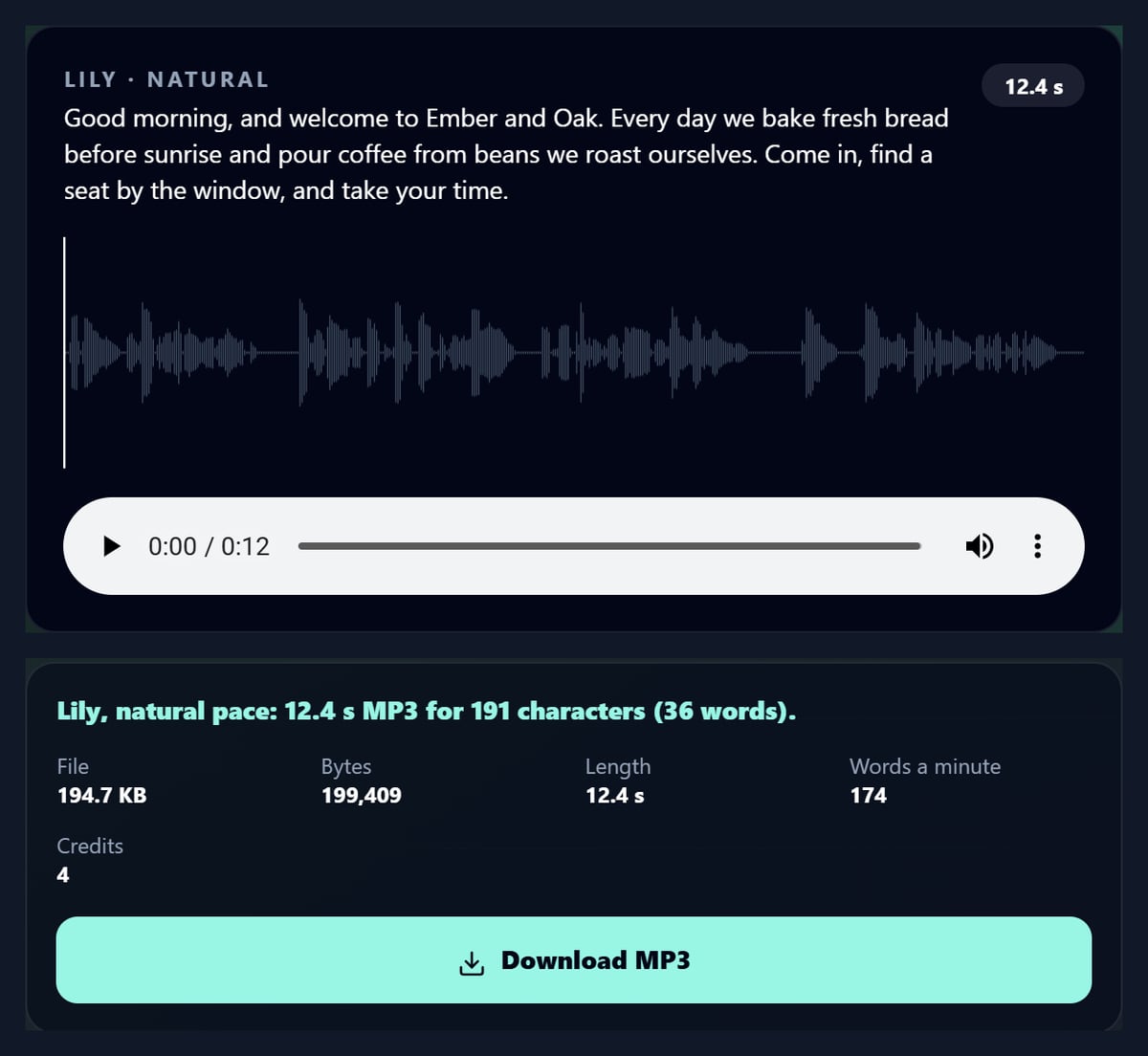The AI voice generator with a voiceover waveform and its details
