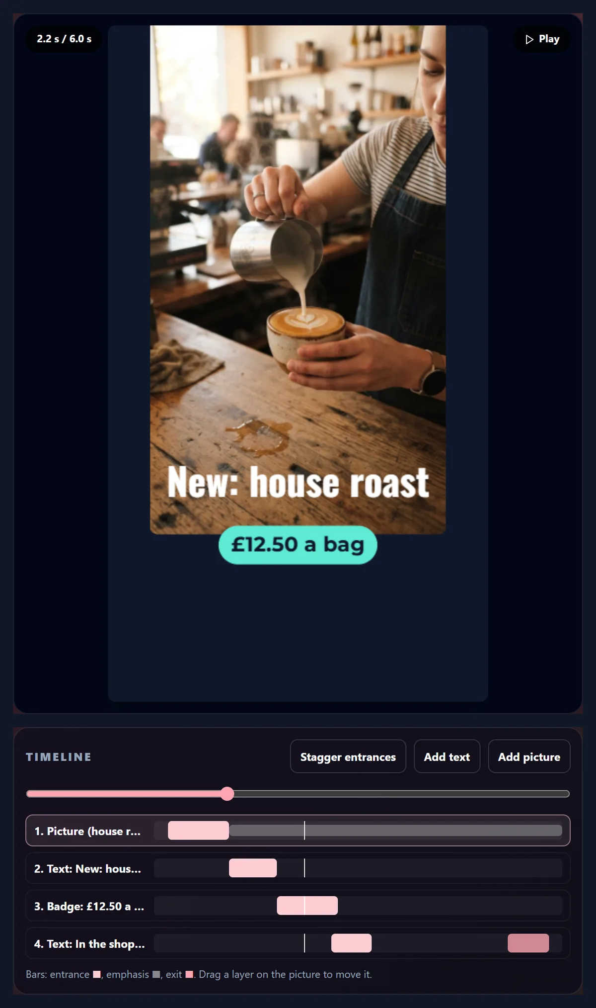 The Product launch sample in story size: a photo of a latte being poured, New: house roast, a £12.50 a bag badge and In the shop from Monday, with four rows on the timeline