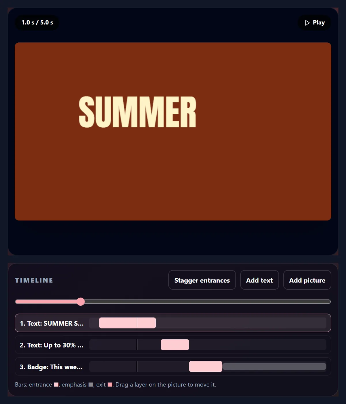 The Sale sample in wide size on a rust-red background: SUMMER SALE, Up to 30% off cups and plates and a This weekend badge, with the timeline