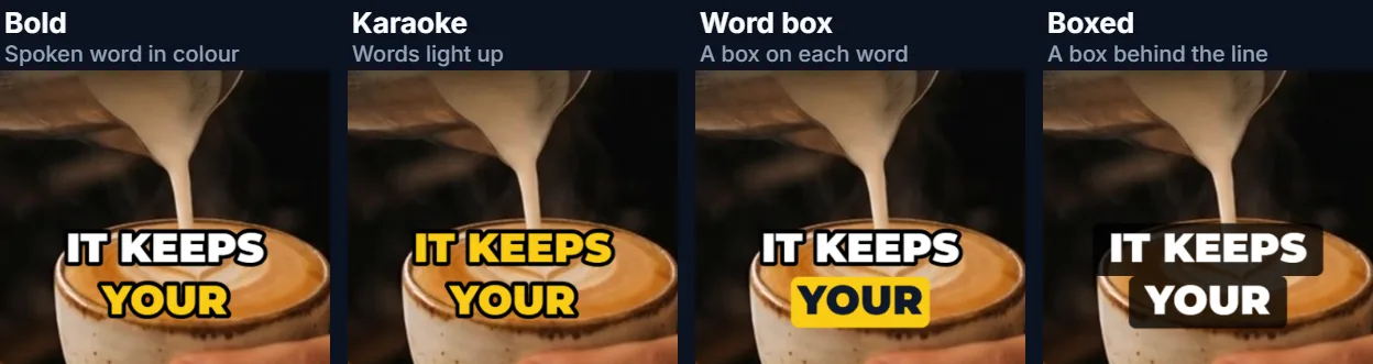 The same caption on the vertical sample in four styles: one word in colour, words lighting up, a box behind the spoken word, and a box behind the line