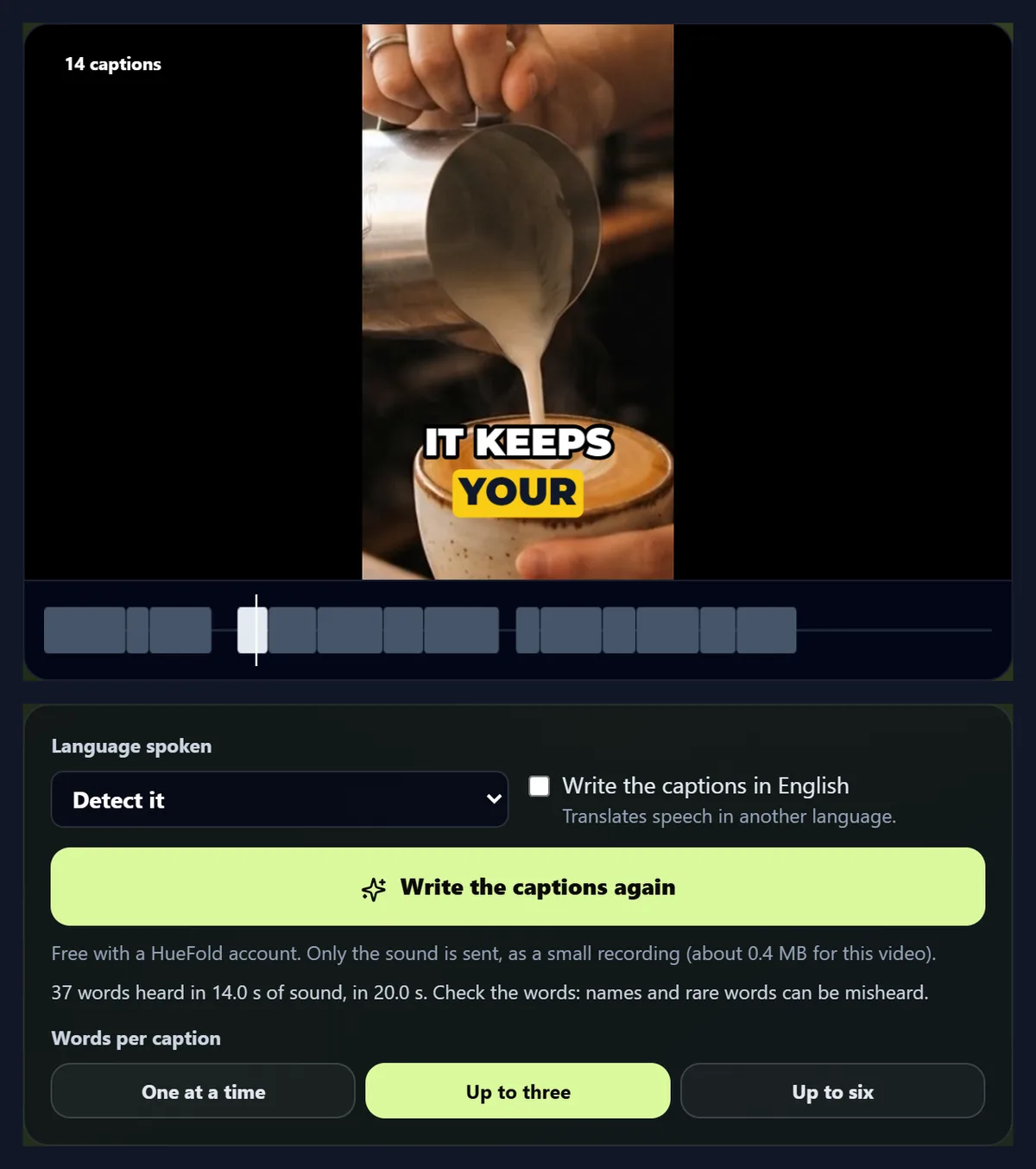 A vertical café video with the words travel mug captioned in a box in the middle of the frame, and the AI caption panel under it