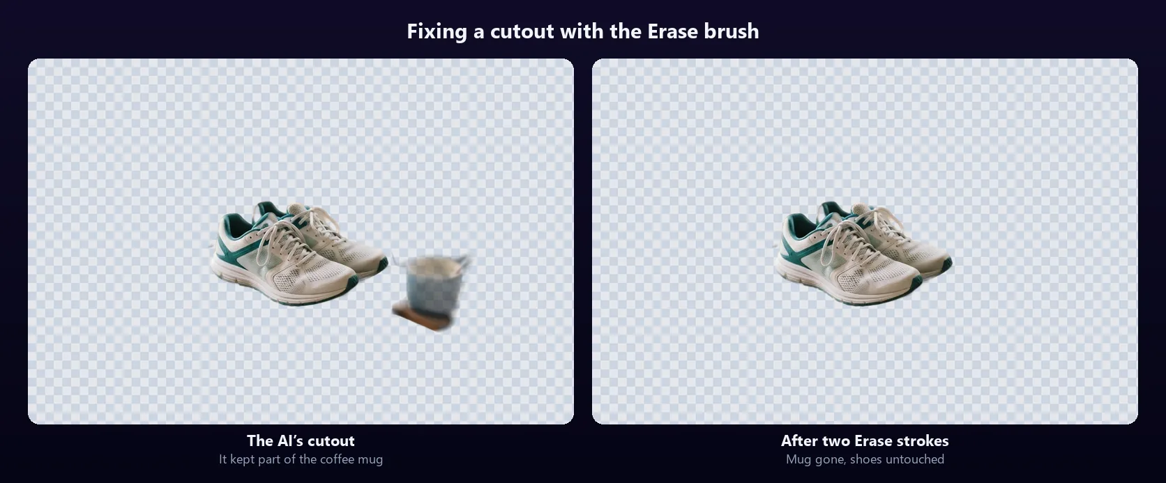 Two versions of the sneakers cutout on a checkerboard: the AI’s cutout with a faint coffee mug and coaster beside the shoes, and the same cutout after two strokes of the Erase brush with only the shoes left