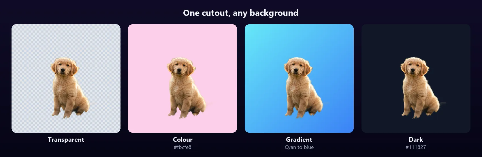 The same puppy cutout four times: on a transparent checkerboard, on pale pink, on a cyan to blue gradient and on a near-black background