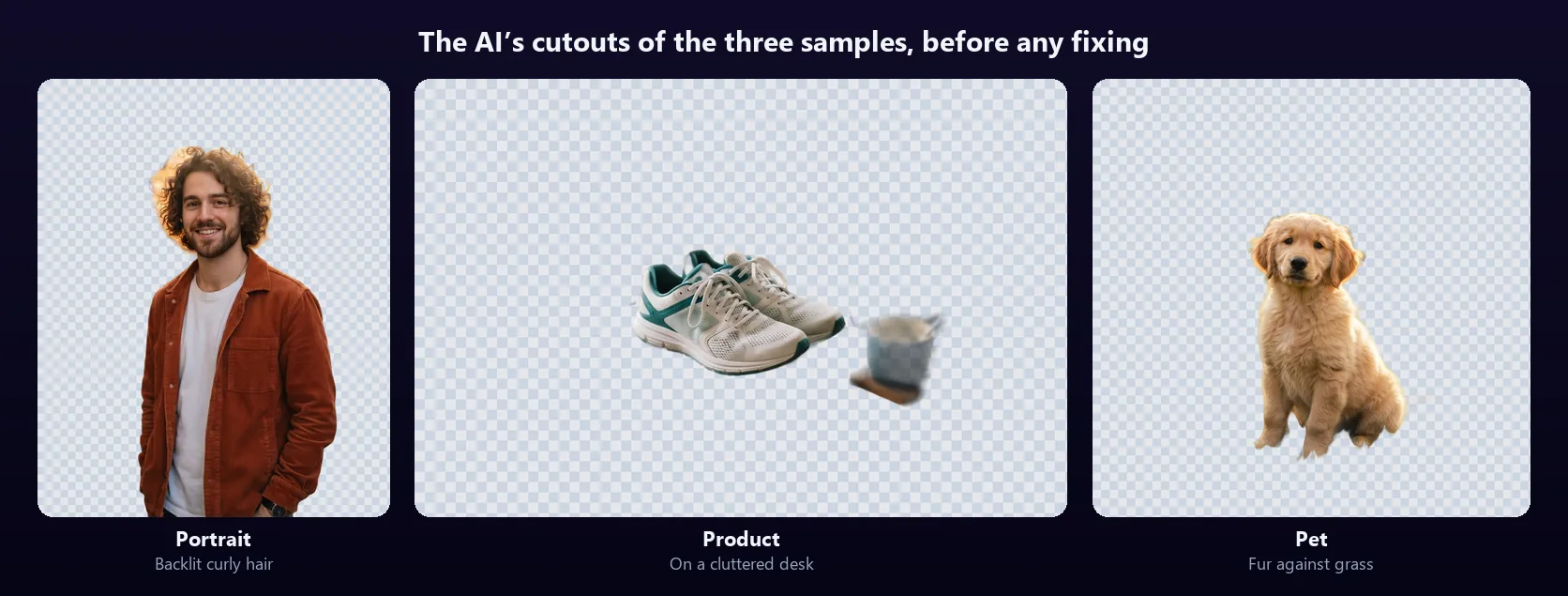 The three sample photos after the background remover, on a checkerboard: a man in a rust jacket with curly hair, a pair of white and teal sneakers with part of a coffee mug left beside them, and a golden retriever puppy