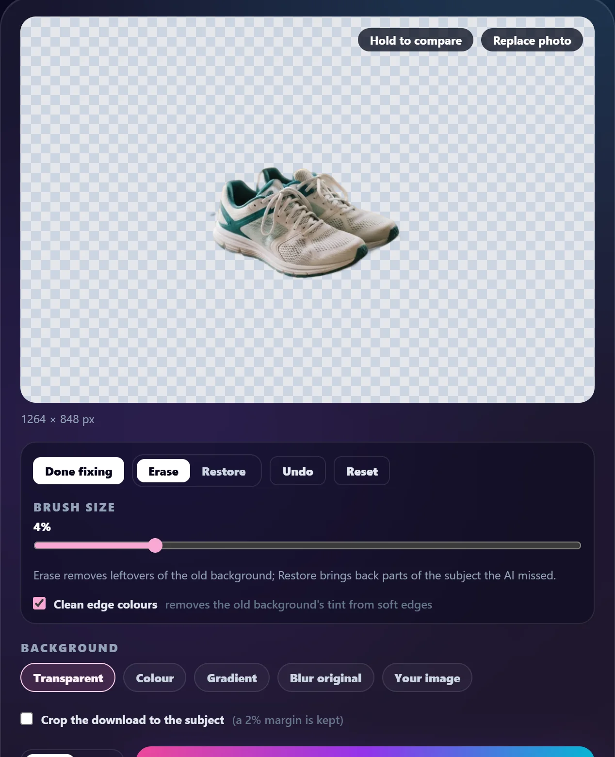 The background remover tool with the sneakers cutout on a checkerboard and the fix panel open: Done fixing, Erase, Restore, Undo, Reset, brush size 4%, Clean edge colours ticked, the Background row on Transparent, Crop the download to the subject, and Download PNG