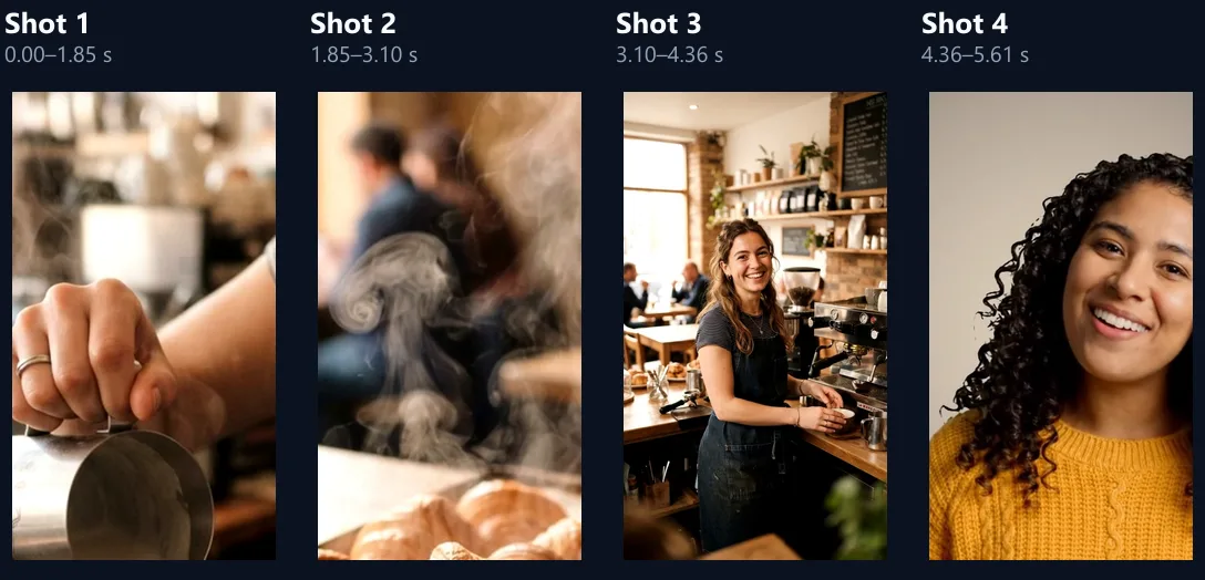 Four consecutive shots of the beat-synced video: a latte pour, pastries, a barista and the waving woman