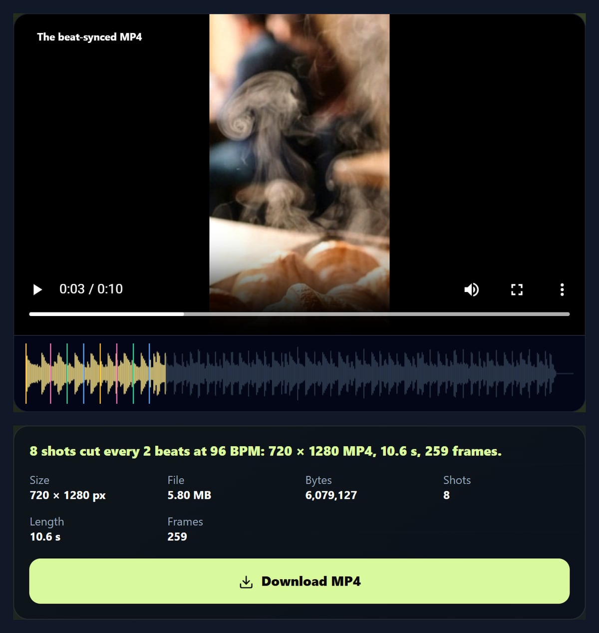The beat sync tool with the beat-synced MP4 of the café clips and its details