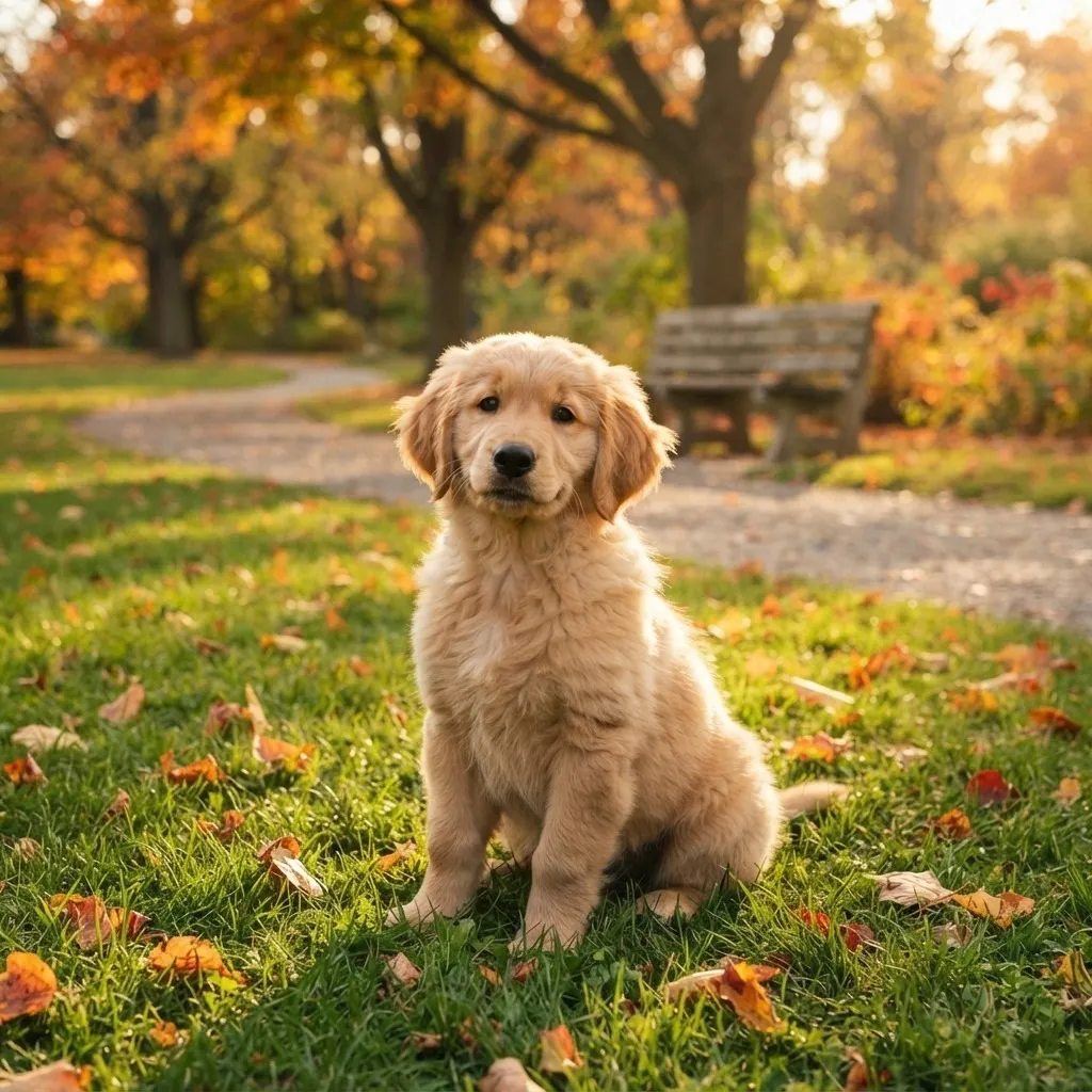 A golden retriever puppy in an autumn park, brightened