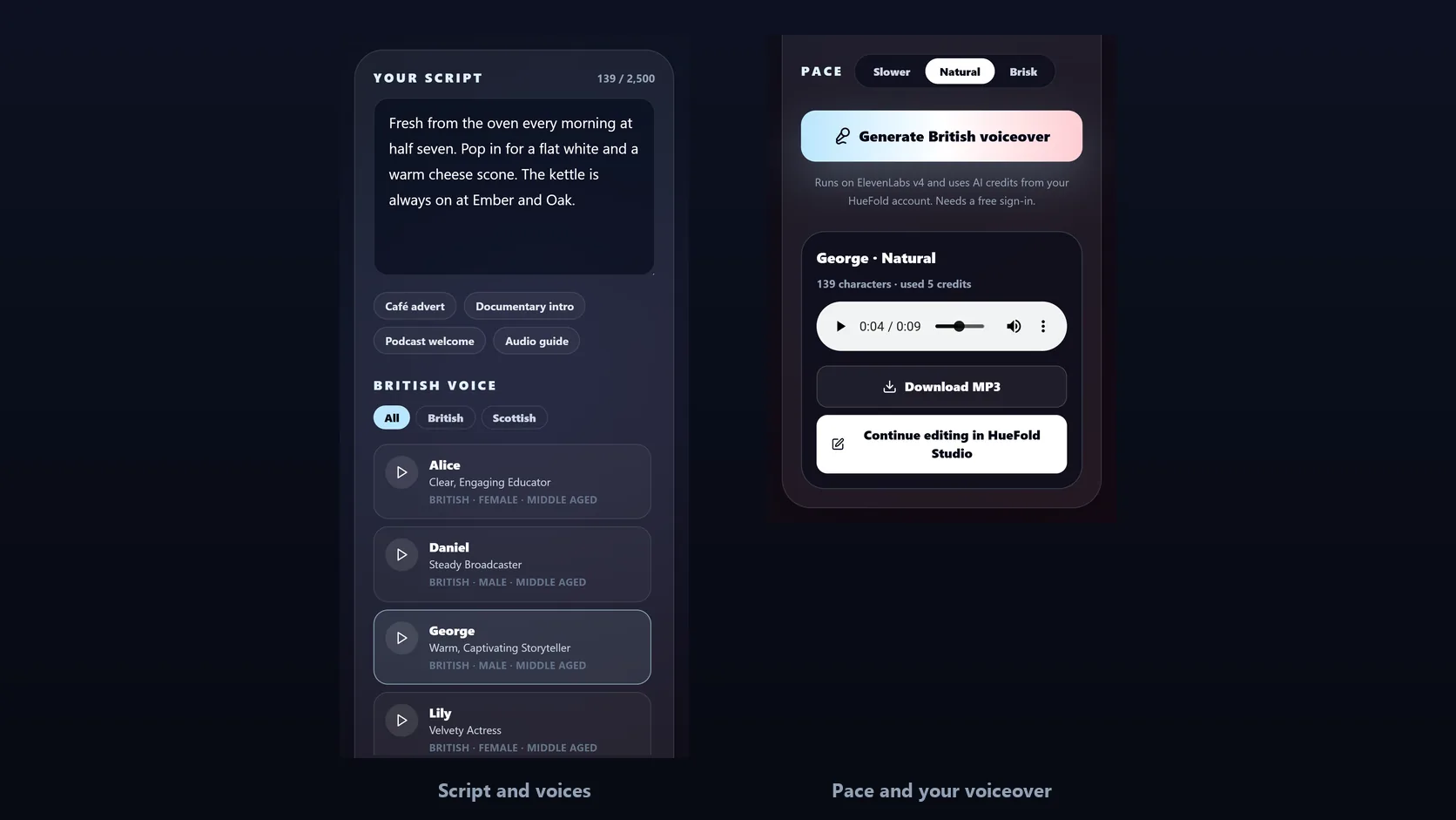 The British Accent Generator on a phone in two halves: the script box, sample scripts, accent filters and British voices with George selected; then the pace switch, the Generate button and George’s finished voiceover with download and Studio buttons