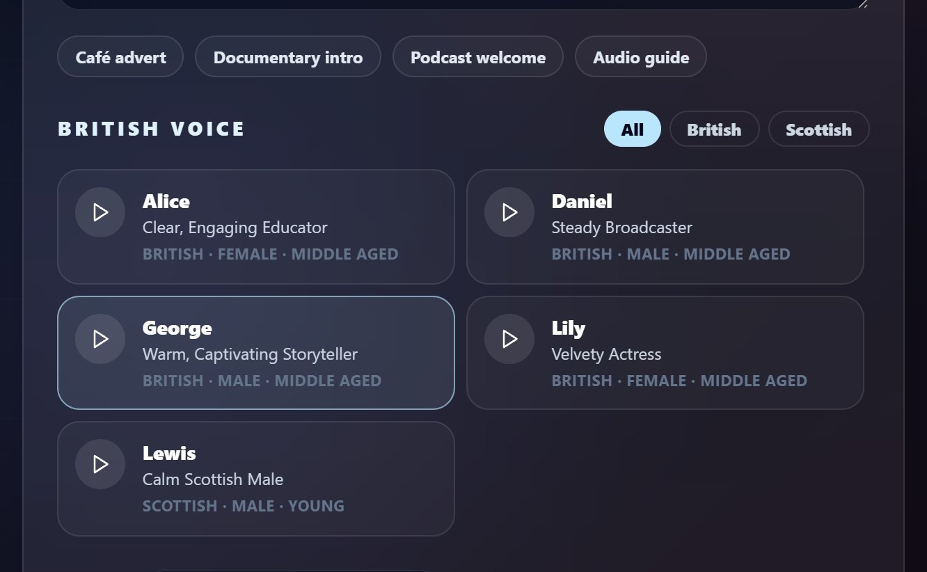 British voices in the generator: Alice, a clear engaging educator; Daniel, a steady broadcaster; George, a warm captivating storyteller, selected; Lily, a velvety actress; and Lewis, a calm Scottish male, each with a sample play button