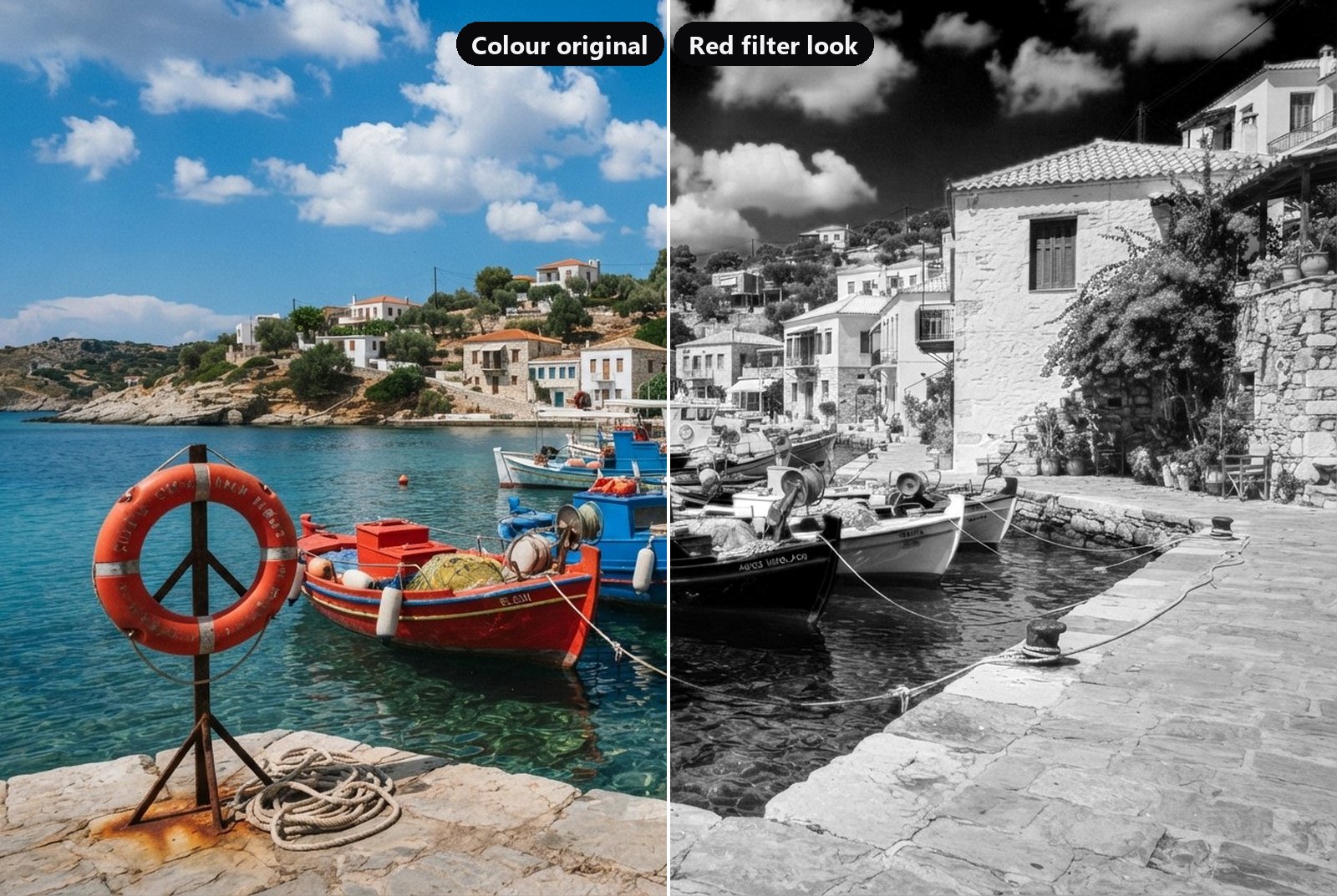 A sunny harbour with red, blue and yellow fishing boats and a red life ring, split down the middle: the left half in colour, the right half in black and white with the red filter, where the blue sky is nearly black and the clouds glow white