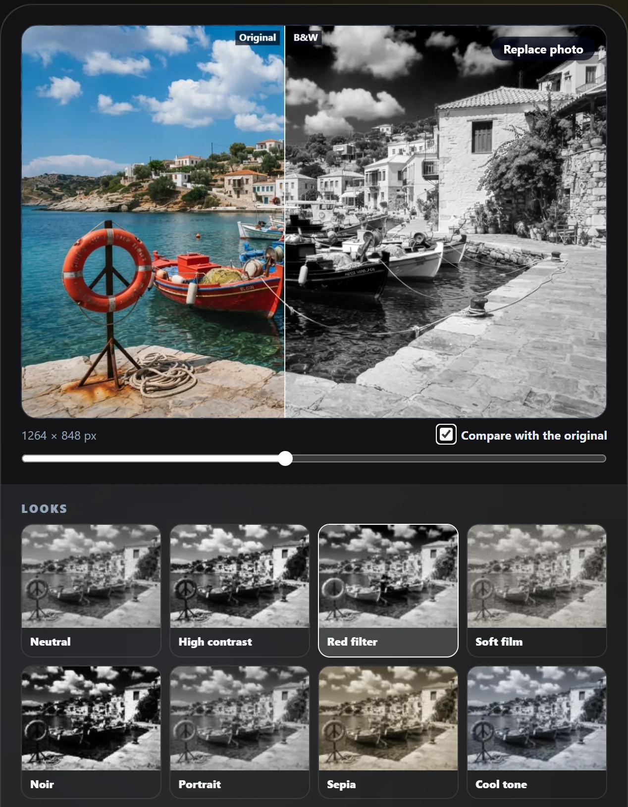 The B&W Image Filter tool with the harbour sample and Compare ticked: the original colours on the left of the line, the Red filter look on the right, and the eight look thumbnails below with Red filter selected