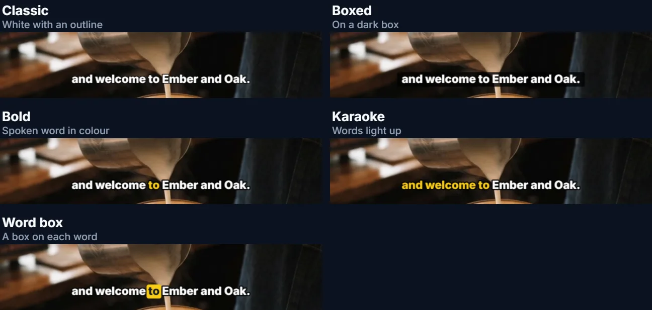 The same caption in five styles: white with an outline, white on a dark box, one word in yellow, the first three words in yellow, and one word on a yellow box