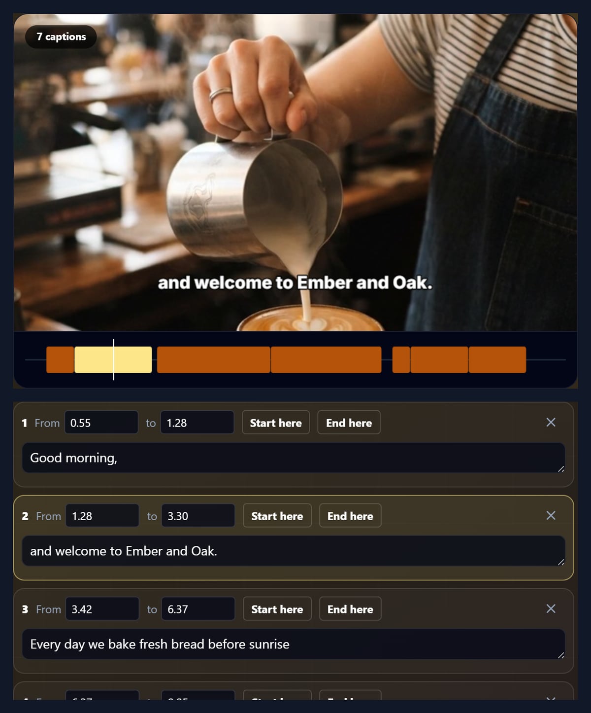 A café video with a caption at the bottom and the list of timed captions