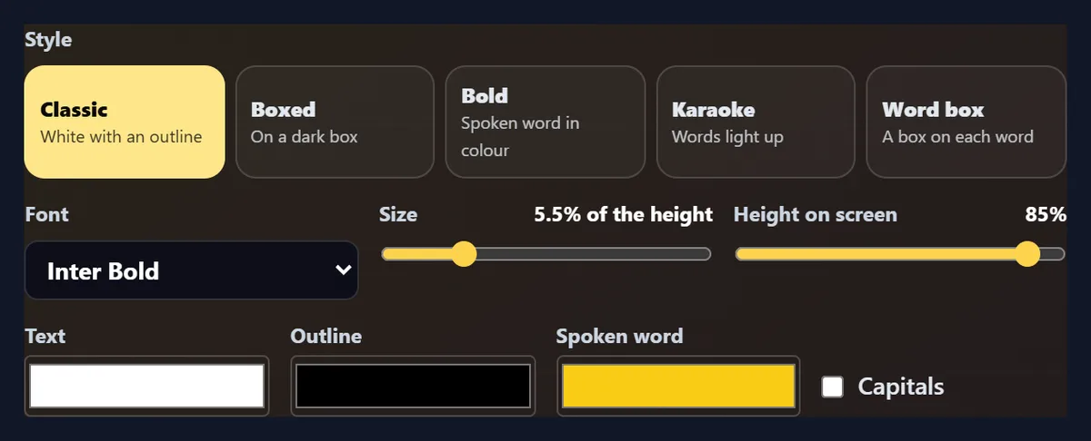 The caption style controls: five style buttons, a font menu, sliders for size and height, three colour pickers and a capitals switch