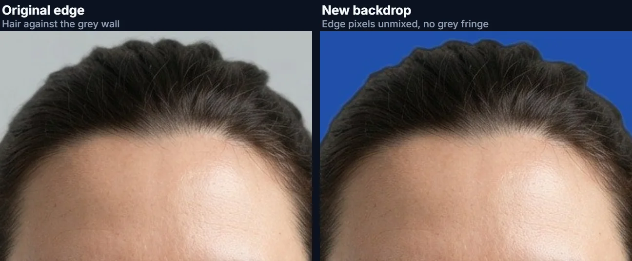 Close-up of hair against a grey wall and against the new blue backdrop