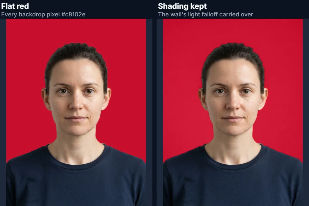 The portrait on a flat red backdrop and on a red backdrop that keeps the wall’s shading