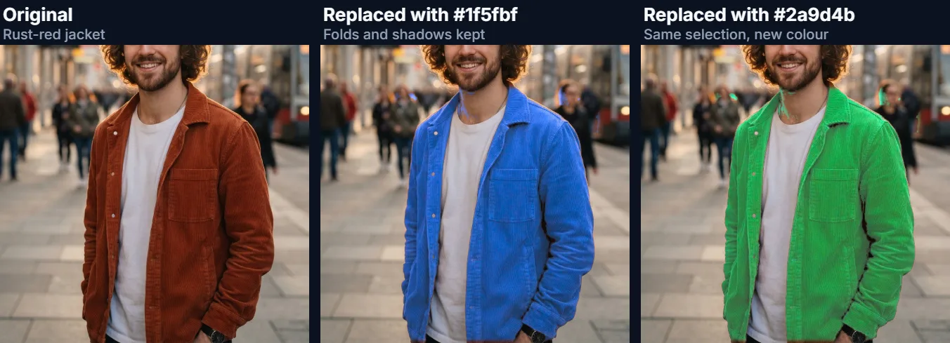 A rust-red jacket shown in its original colour, recoloured blue and recoloured green