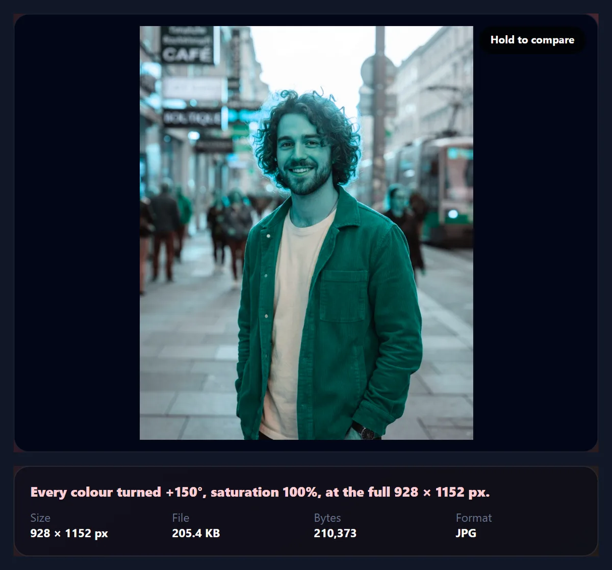 The street portrait with every colour turned 150 degrees round the hue circle