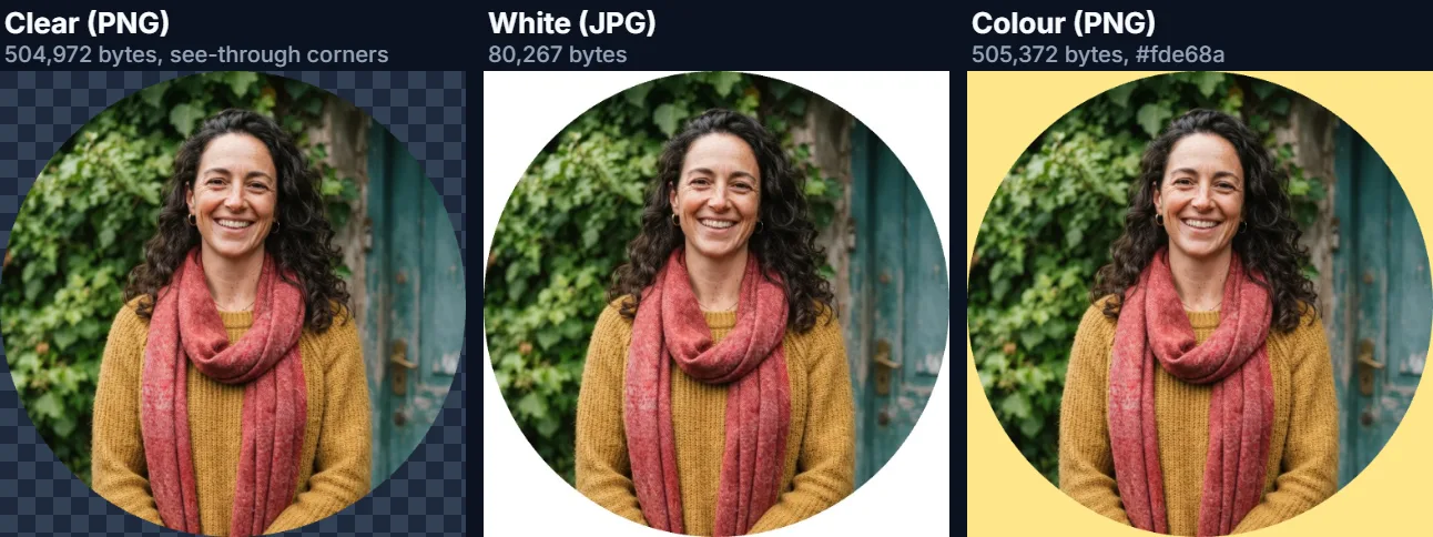 The same 512 pixel circle saved with clear corners as PNG, on white as JPG and on a yellow fill as PNG