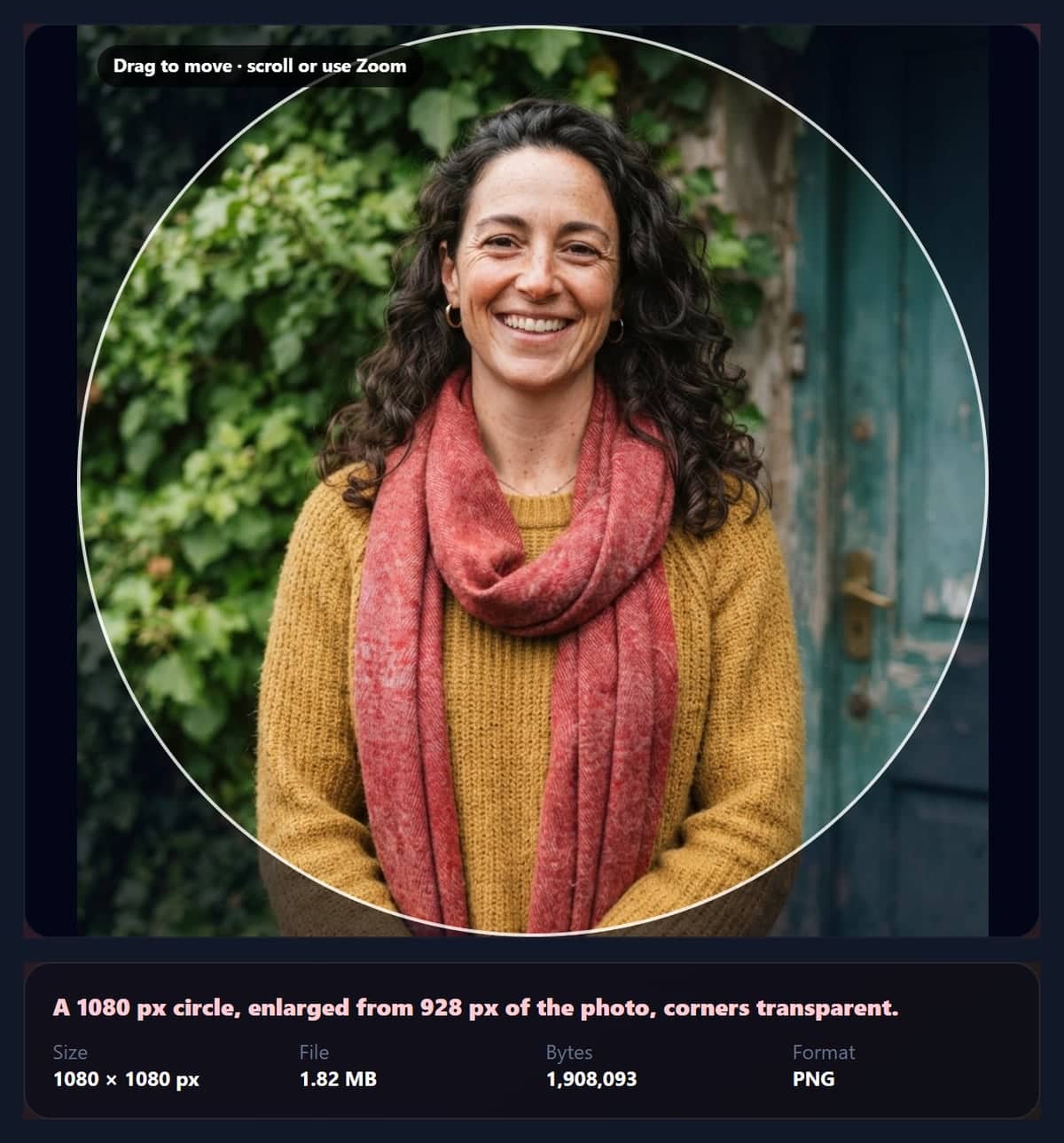 The circle crop tool framing the sample portrait in a circle, with the 1080 pixel PNG result panel