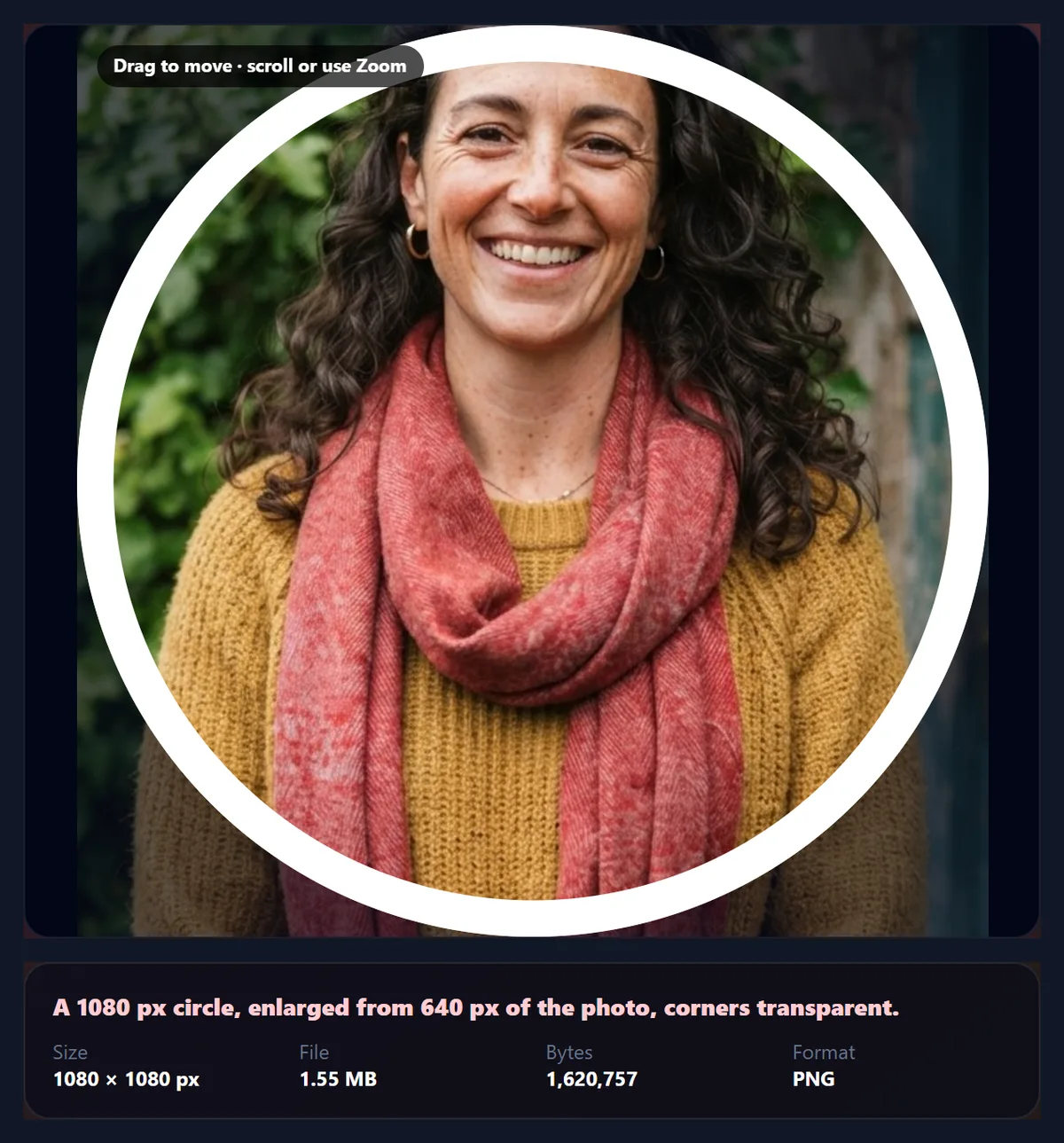 Circle crop tool zoomed to 1.45 times with a white border ring around the portrait