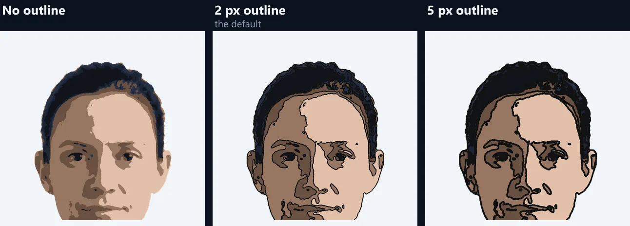Three close-ups of the clip art face with no outline, a 2 pixel outline and a 5 pixel outline