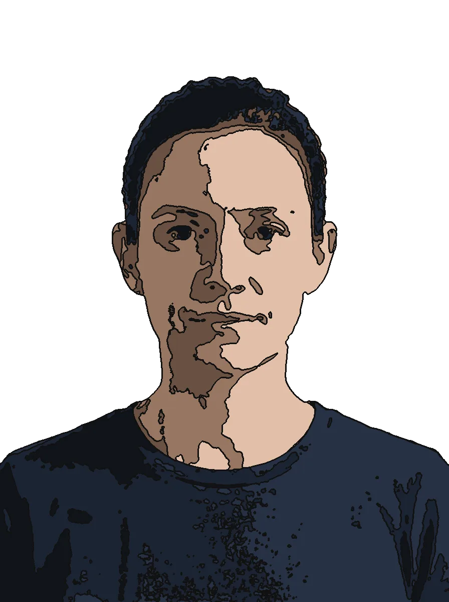 The portrait as clip art with six flat colours and a black outline, its background transparent