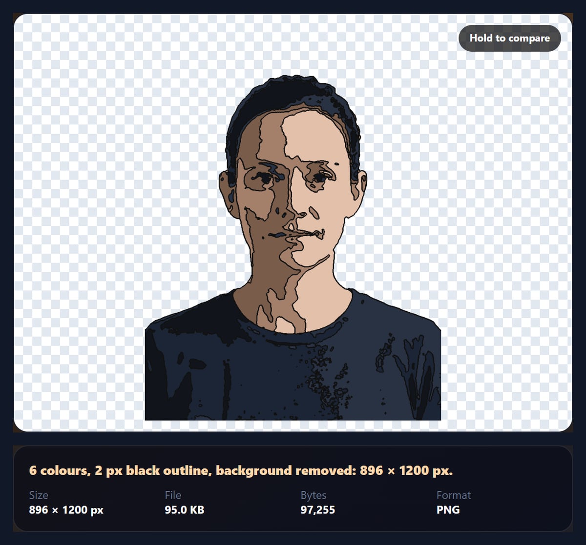 The clipart maker showing a portrait as clip art with six flat colours, a black outline and a transparent background