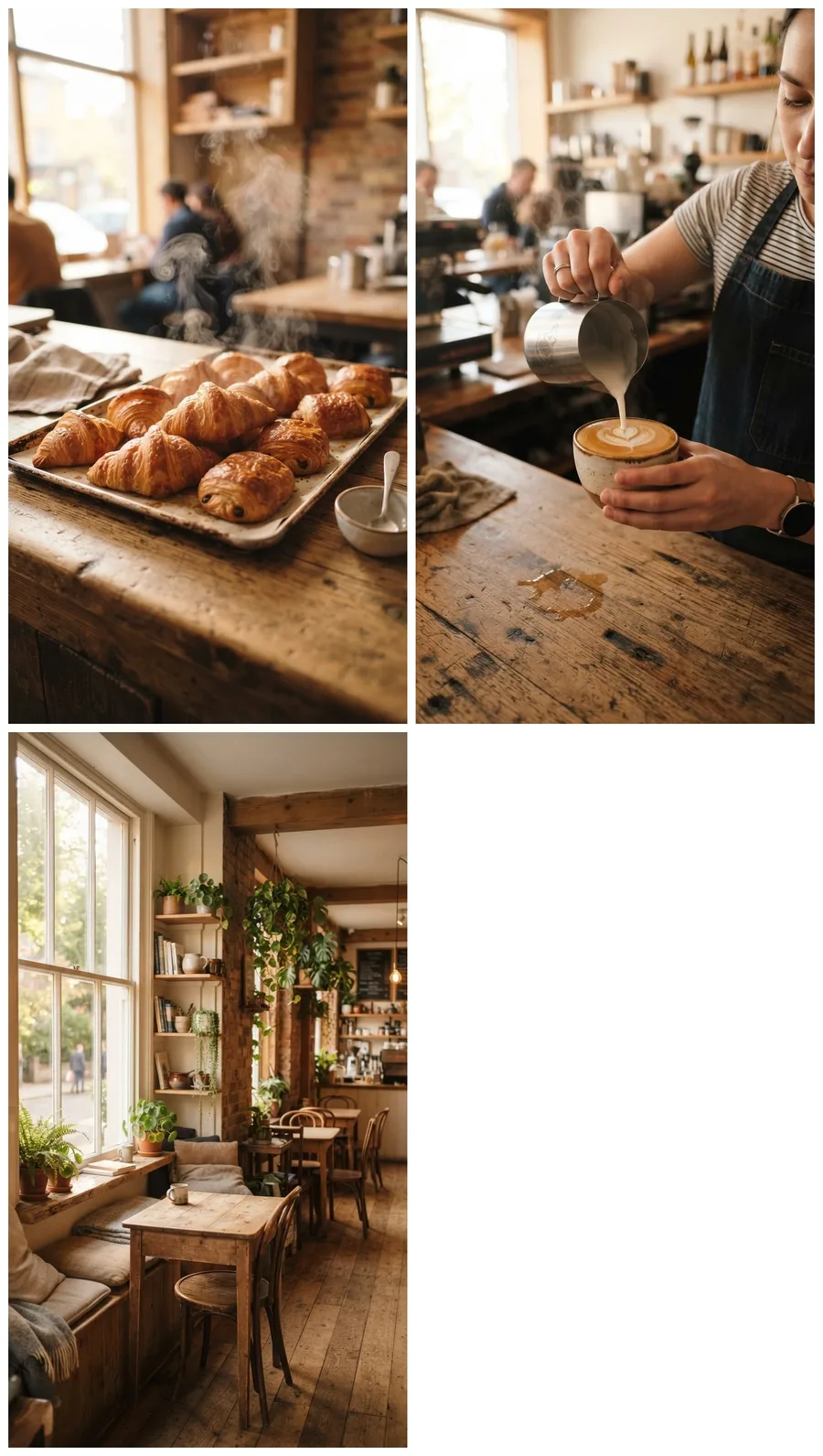 Three café photos in a two-column grid with one empty cell