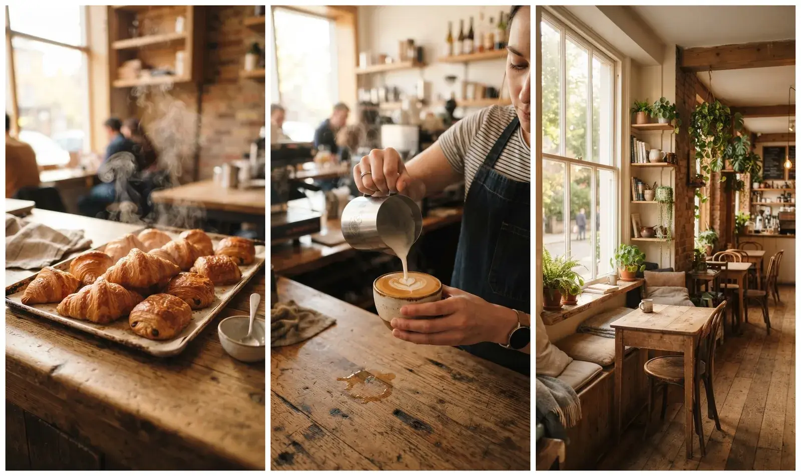 Pastries, a latte being poured and a café interior combined side by side