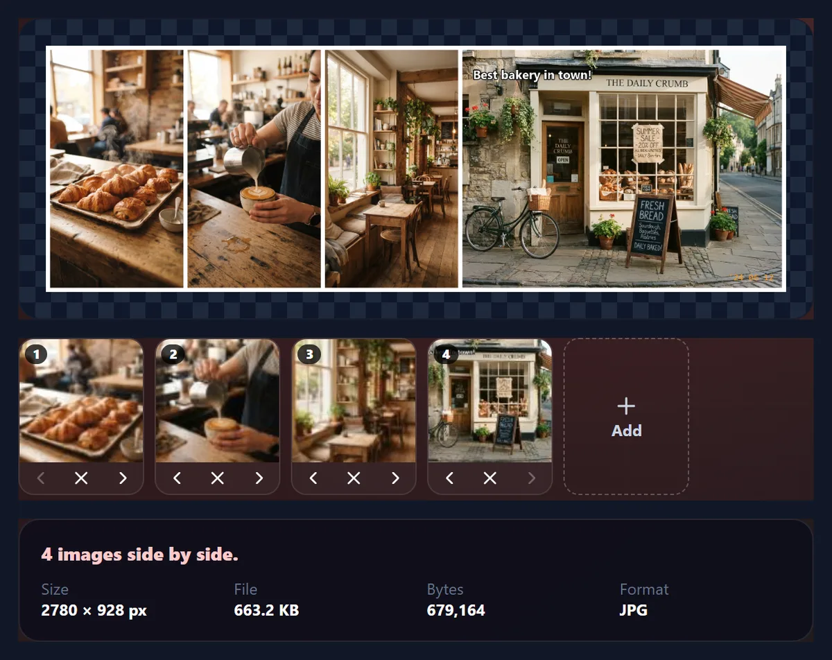 The combine tool with three portrait café photos and a landscape bakery photo side by side