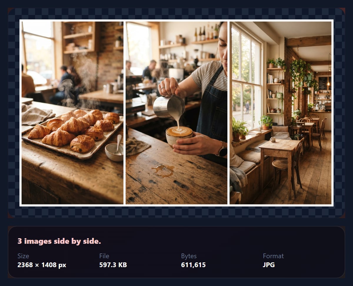 The combine tool showing three café photos side by side with white gaps