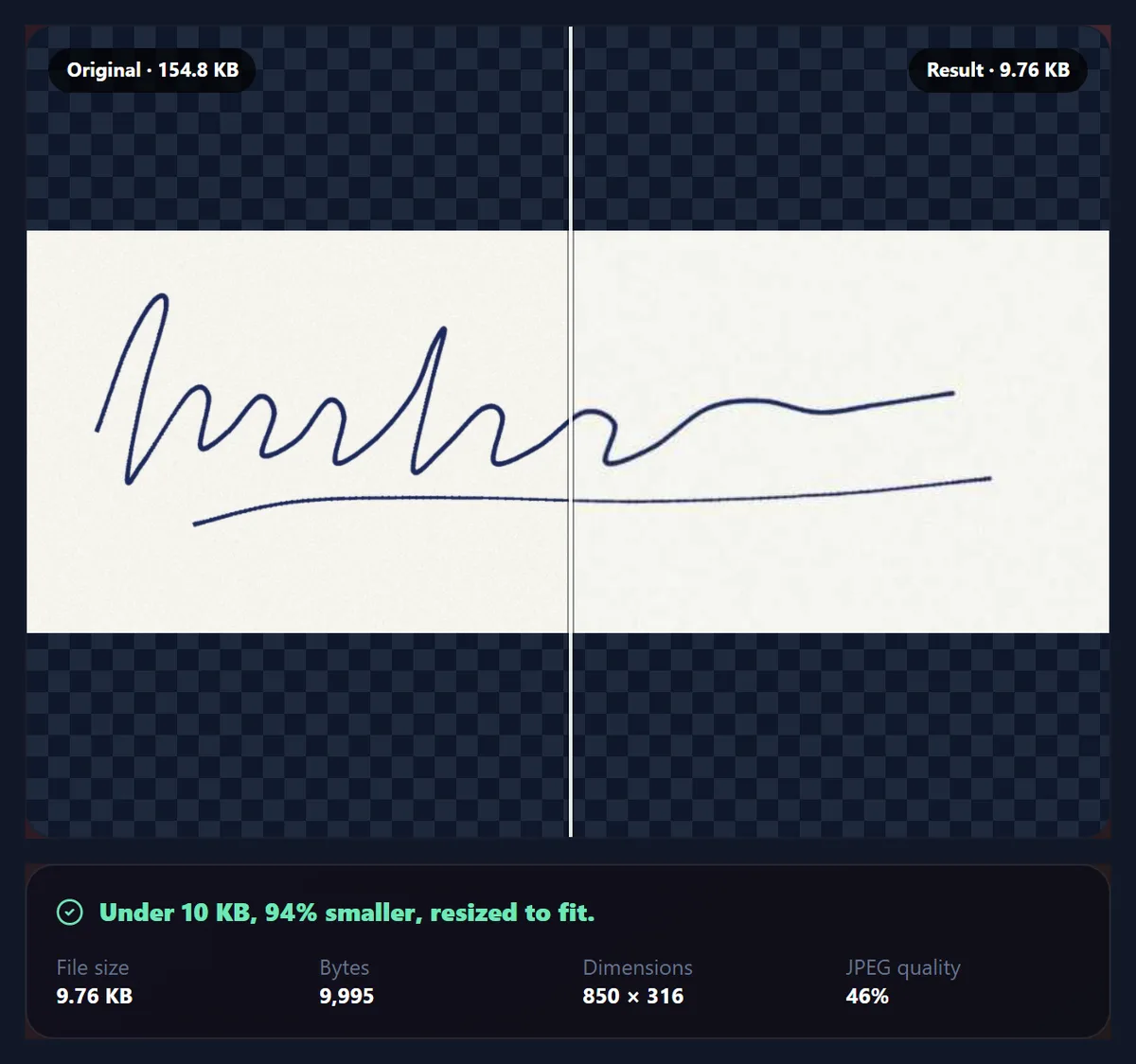 The tool compressing the signature under 10 KB