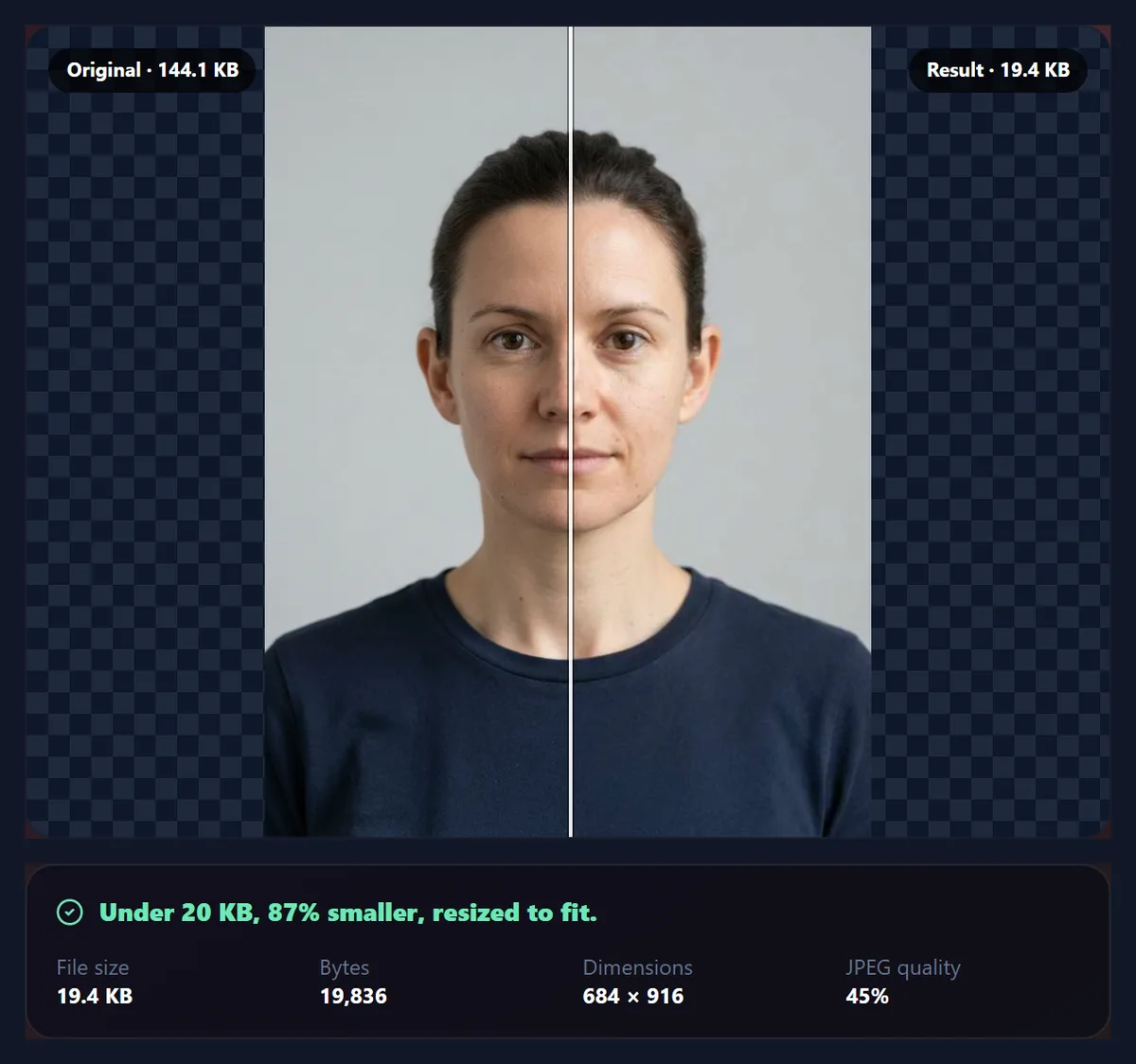 The tool showing a portrait photo compressed under 20 KB