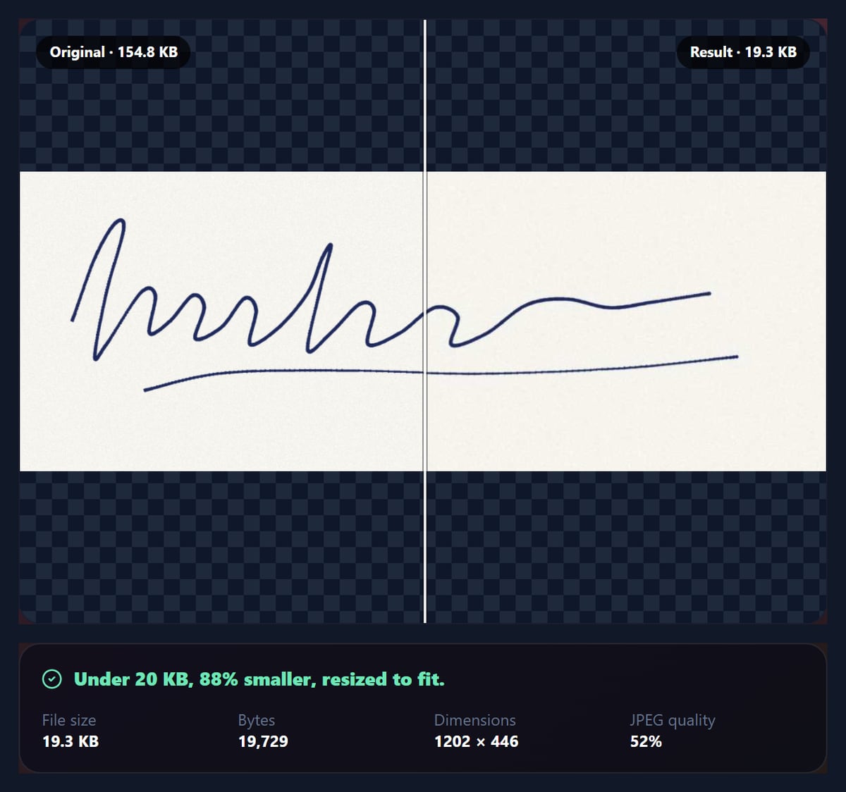 The tool comparing a scanned signature with its version under 20 KB