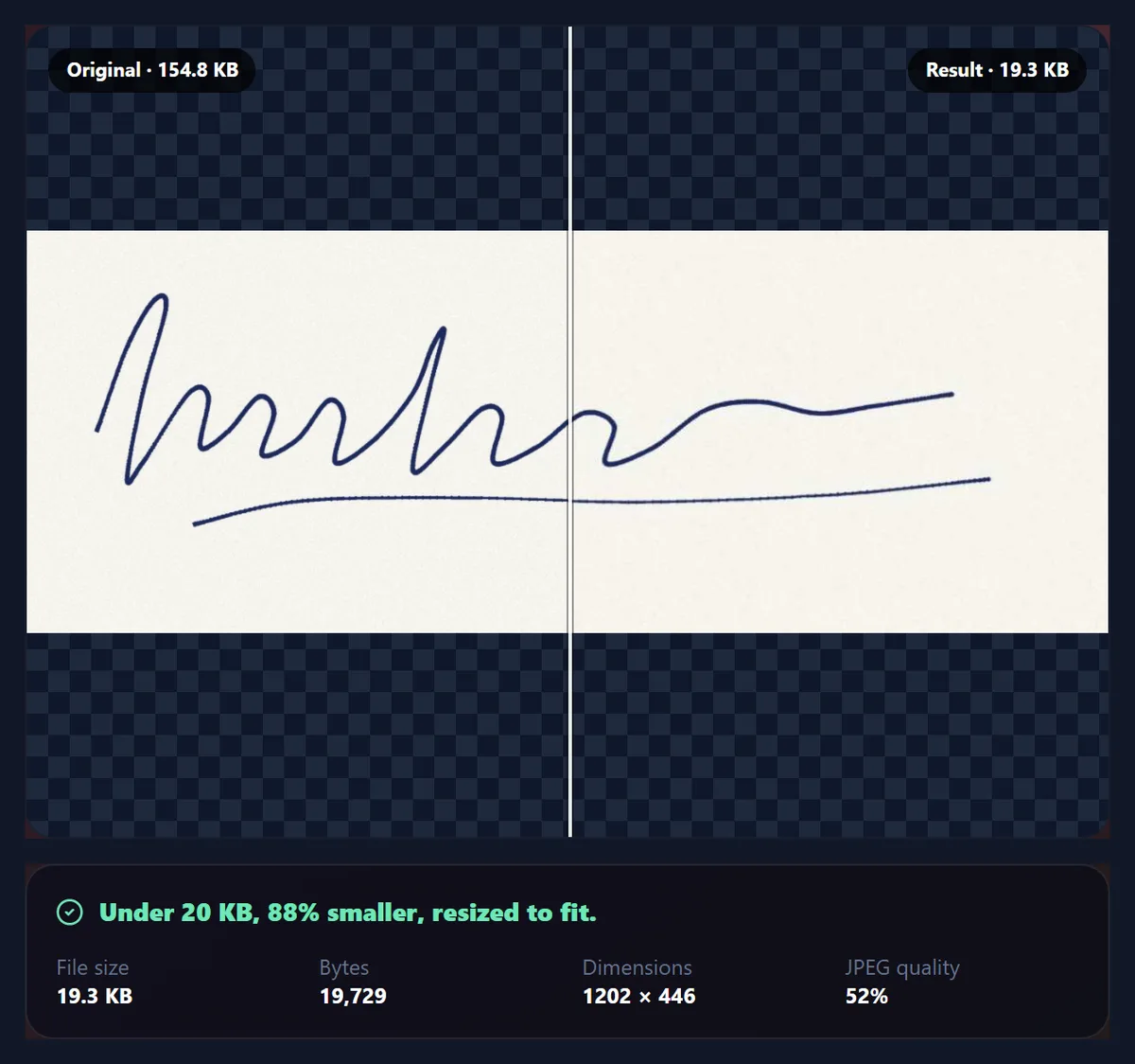 The compression tool showing the sample signature compressed under 20 KB