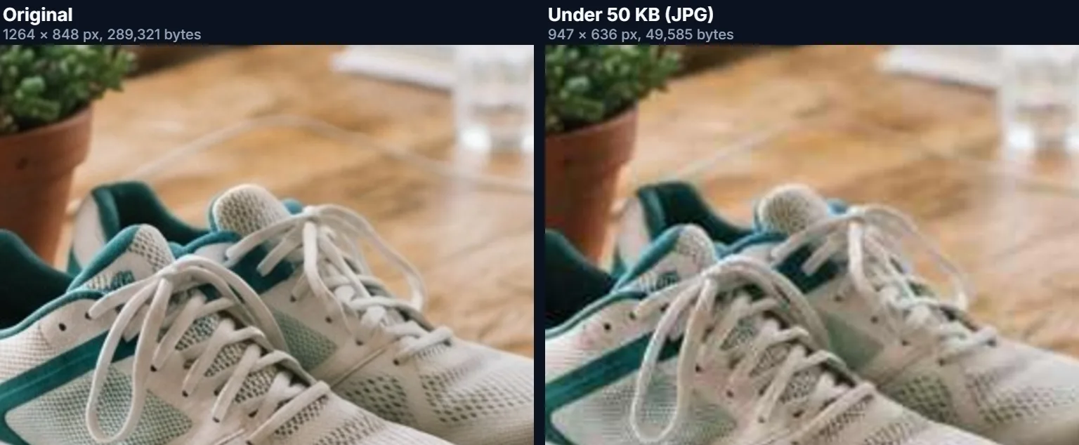 A close crop of the original sneaker photo next to the 50 KB version